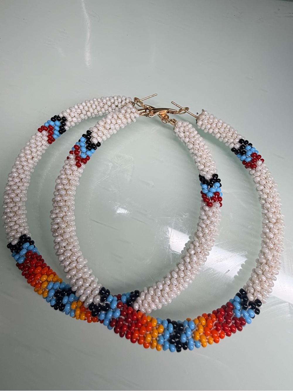 SOLD - Large White Beaded Hoop Earrings